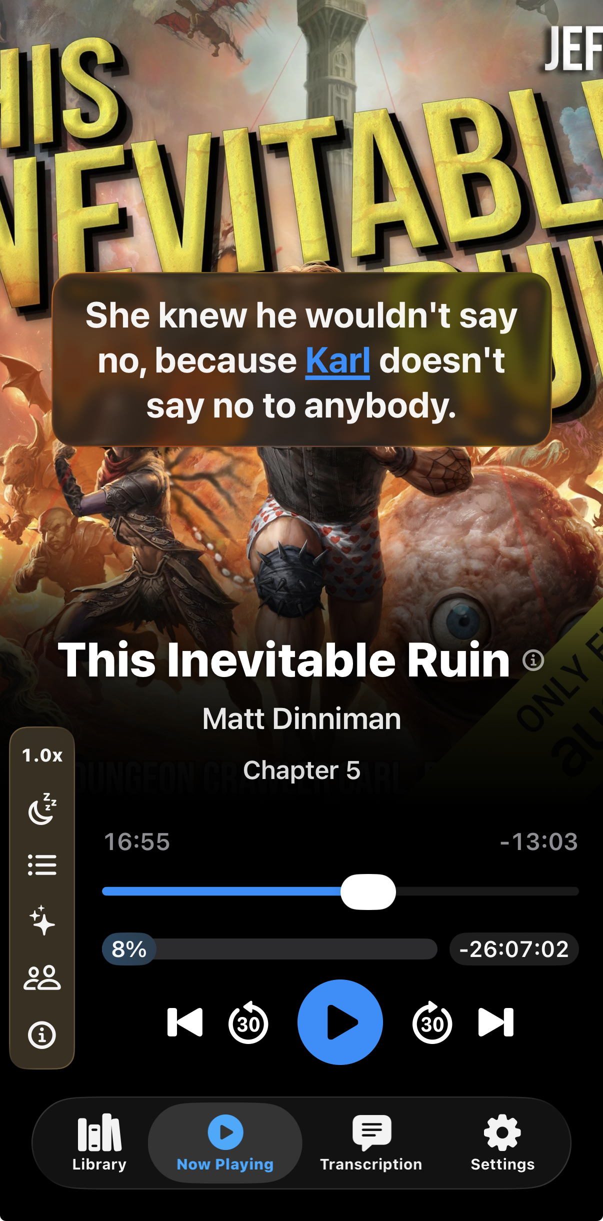 Now Playing with live transcription and character highlighting