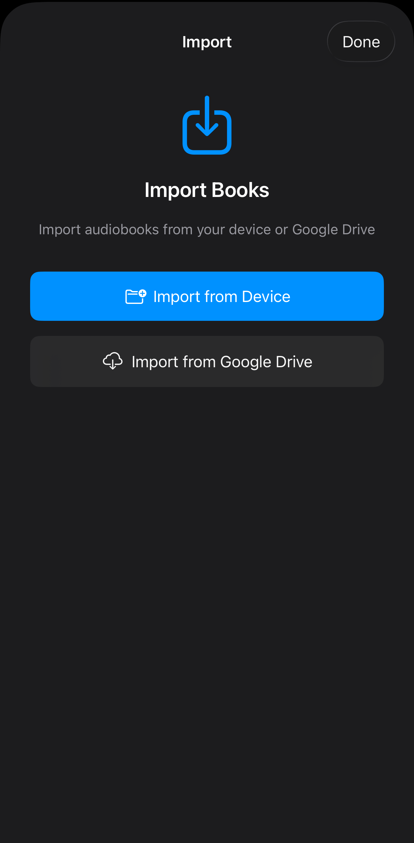 Import audiobooks from Google Drive or device