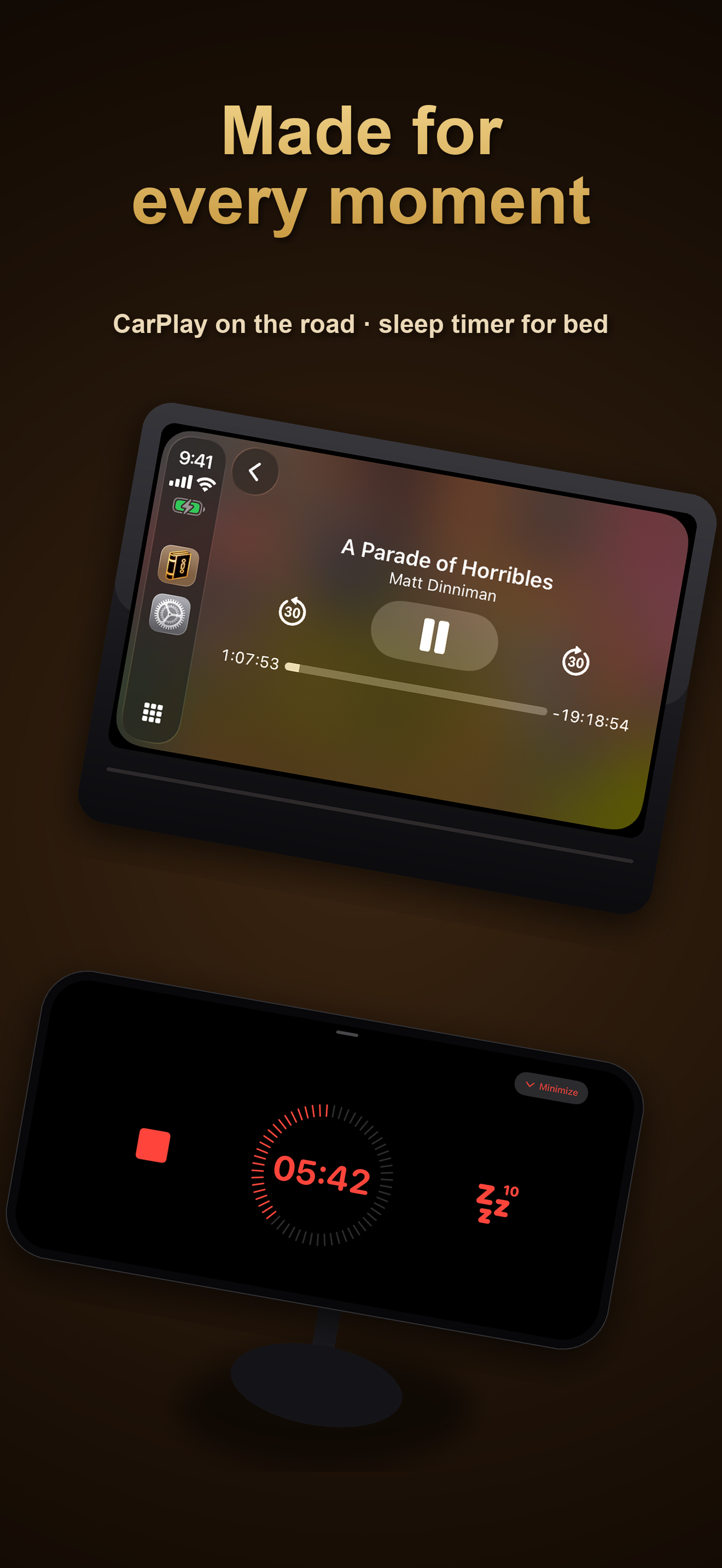 Bloox screenshots showing Book Chat, transcript, and audiobook listening tools